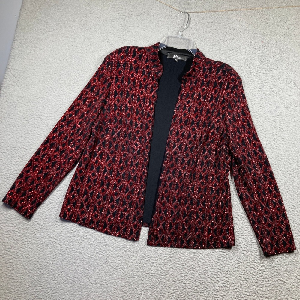 Jump Apparel Jacket Womens XL Red Black Metallic Open Front Glam Evening Retro